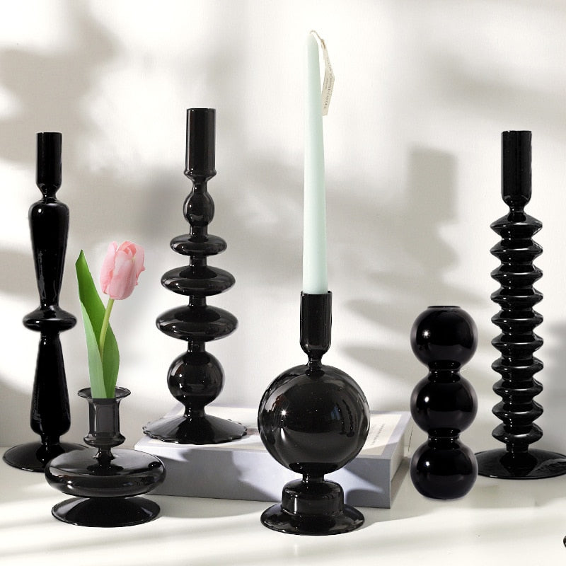 Black Glass Vases - Candles Holder