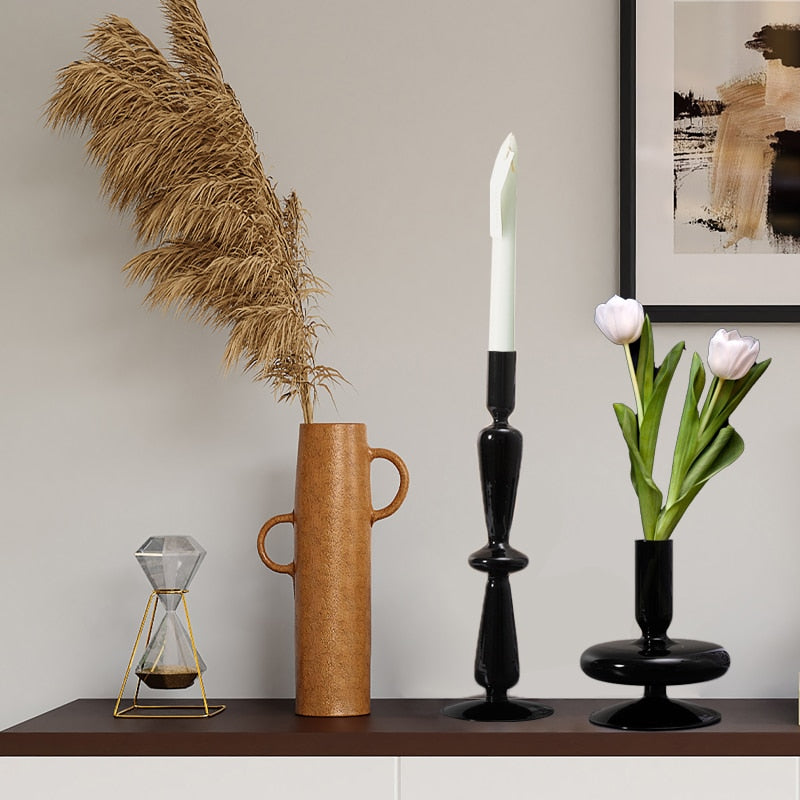 Black Glass Vases - Candles Holder